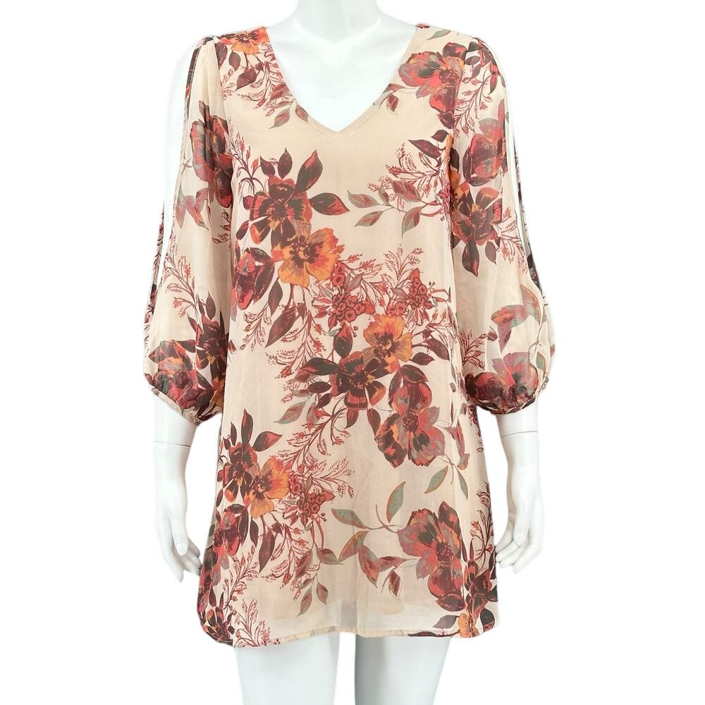 Lulus Dress Womens Small Beige Red Shifting Dears Floral Mini Autumn Fall‎ Boho